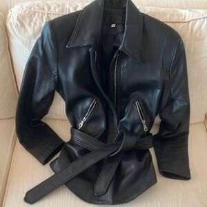 John Michael Black Leather Jacket with Belted Design